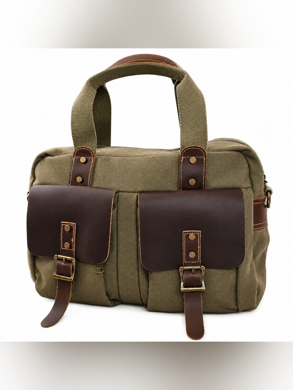 Men's Brown Leather and Olive Canvas Messenger Padded Laptop Briefcase Bag